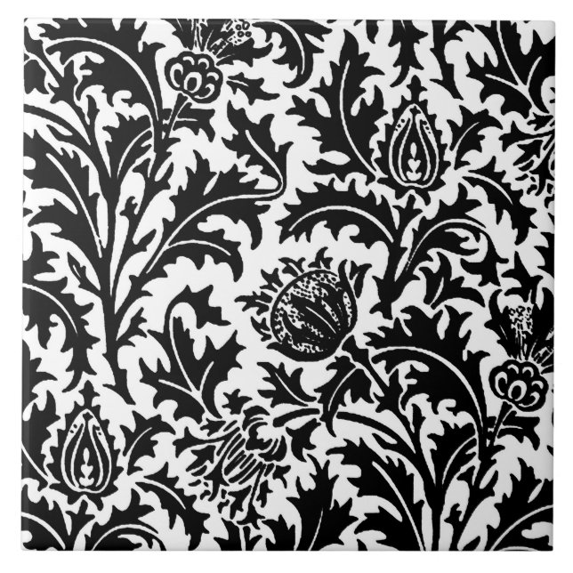 William Morris Thistle Damask, Black on White   Tile (Front)