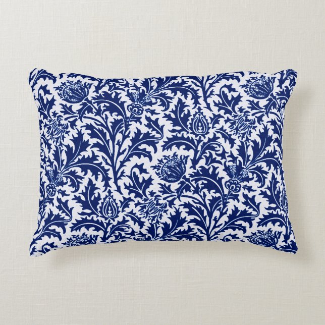 William Morris Thistle Damask, Cobalt Blue & White Accent Pillow (Front)