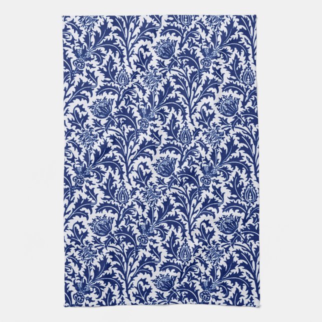 William Morris Thistle Damask, Cobalt Blue & White Kitchen Towel (Vertical)