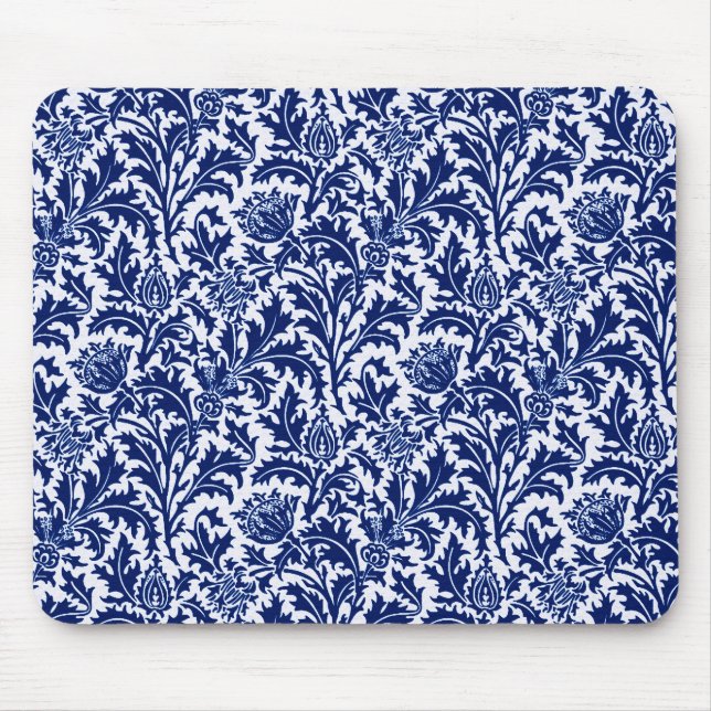 William Morris Thistle Damask, Cobalt Blue & White Mouse Pad (Front)