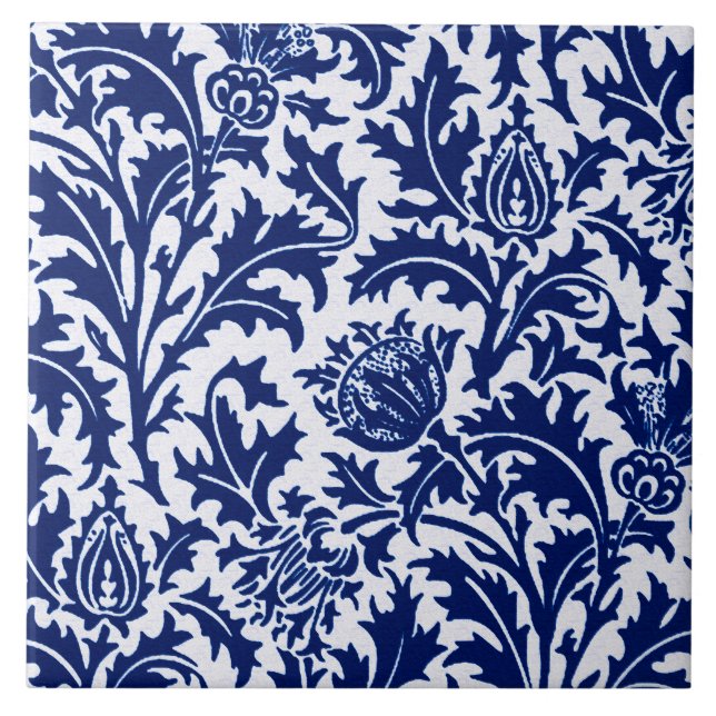 William Morris Thistle Damask, Cobalt Blue & White Tile (Front)