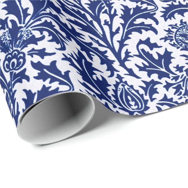 William Morris Thistle Damask, Cobalt Blue & White Wrapping Paper (Roll Corner)