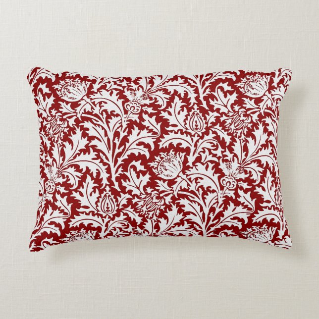 William Morris Thistle Damask, Dark Red & White Accent Pillow (Front)