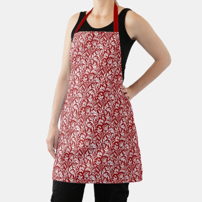 William Morris Thistle Damask, Dark Red & White Apron (Insitu)