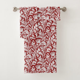 William Morris Thistle Damask, Dark Red & White Bath Towel Set