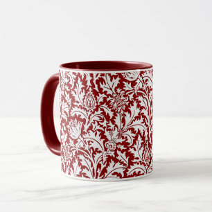 William Morris Thistle Damask, Dark Red & White Mug