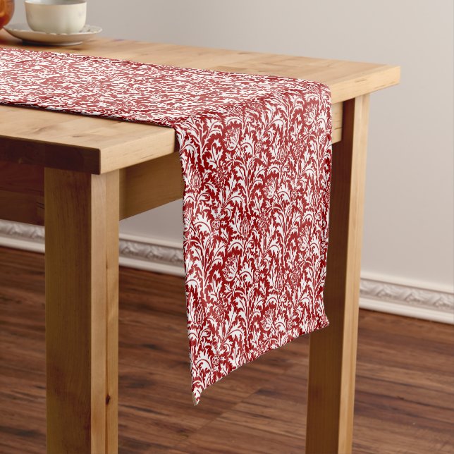 William Morris Thistle Damask, Dark Red & White Short Table Runner (In Situ)