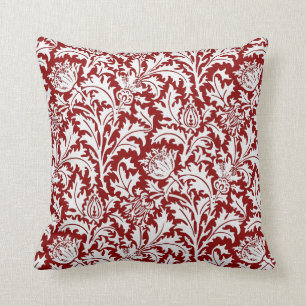 William Morris Thistle Damask, Dark Red & White Throw Pillow