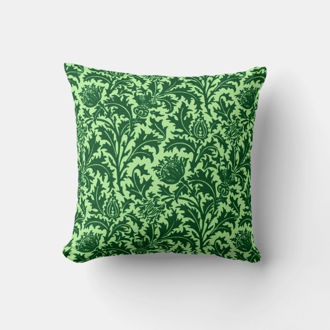 William Morris Thistle Damask, Emerald Green Throw Pillow (Front)