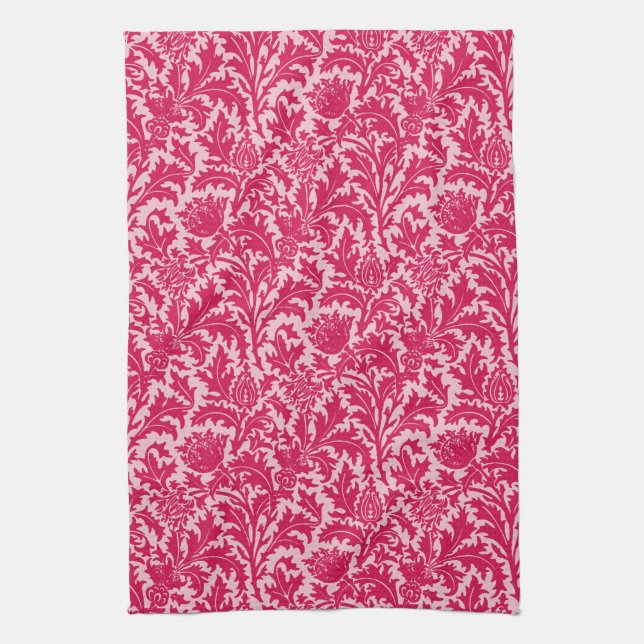 William Morris Thistle Damask, Fuchsia Pink Kitchen Towel (Vertical)