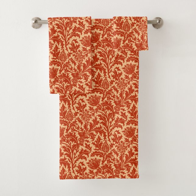 William Morris Thistle Damask, Mandarin Orange Bath Towel Set (Insitu)