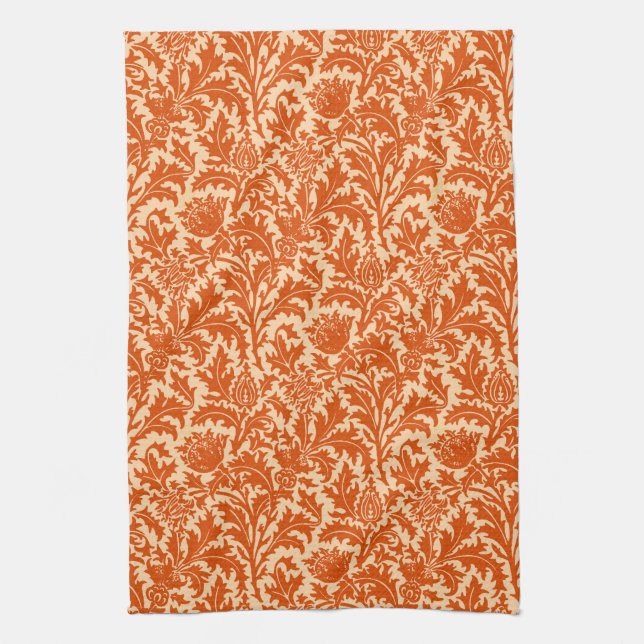 William Morris Thistle Damask, Mandarin Orange Kitchen Towel (Vertical)