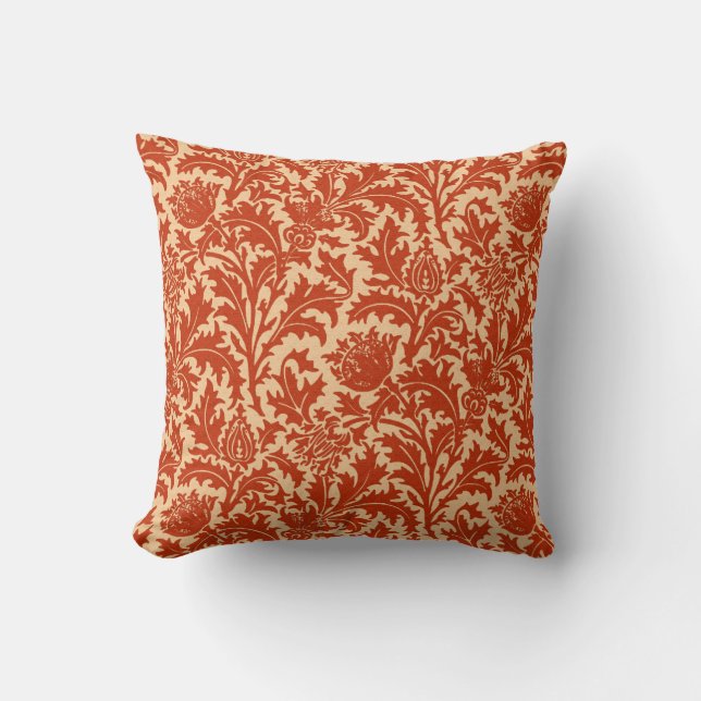 William Morris Thistle Damask, Mandarin Orange Throw Pillow (Front)