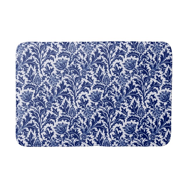 William Morris Thistle Damask, Navy Blue and White Bath Mat (Front)