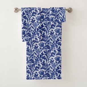 William Morris Thistle Damask, Navy Blue and White Bath Towel Set