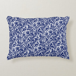 William Morris Thistle Damask Navy Blue on White Accent Pillow