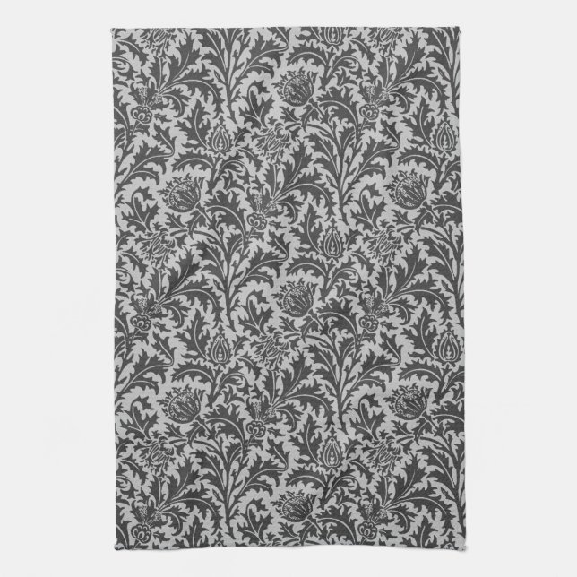William Morris Thistle Damask, Silver Grey / Grey Kitchen Towel (Vertical)