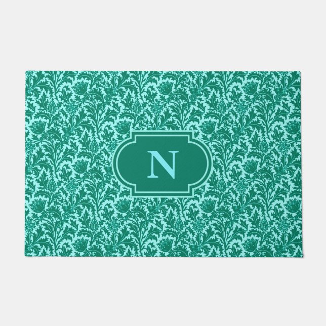 William Morris Thistle Damask, Turquoise and Aqua  Doormat (Front)