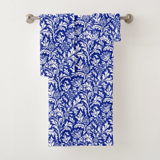 William Morris Thistle Damask White on Cobalt Blue Bath Towel Set (Insitu)