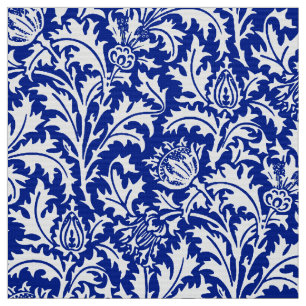 William Morris Thistle Damask White on Cobalt Blue Fabric