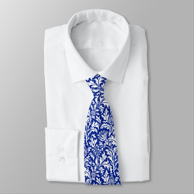 William Morris Thistle Damask White on Cobalt Blue Tie (Tied)