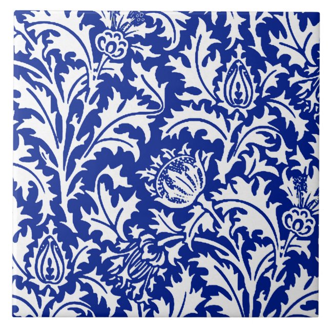 William Morris Thistle Damask White on Cobalt Blue Tile (Front)