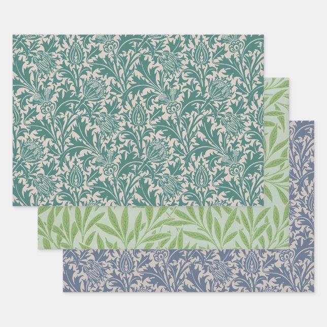 William Morris Thistle Sage Green Blue Pattern Wrapping Paper Sheet (Set)