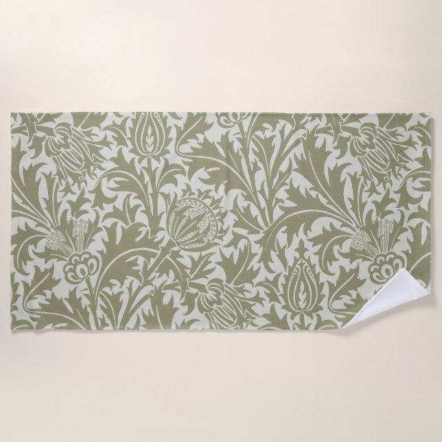 William Morris Thistle Sage Green Pattern Beach Towel (Front)