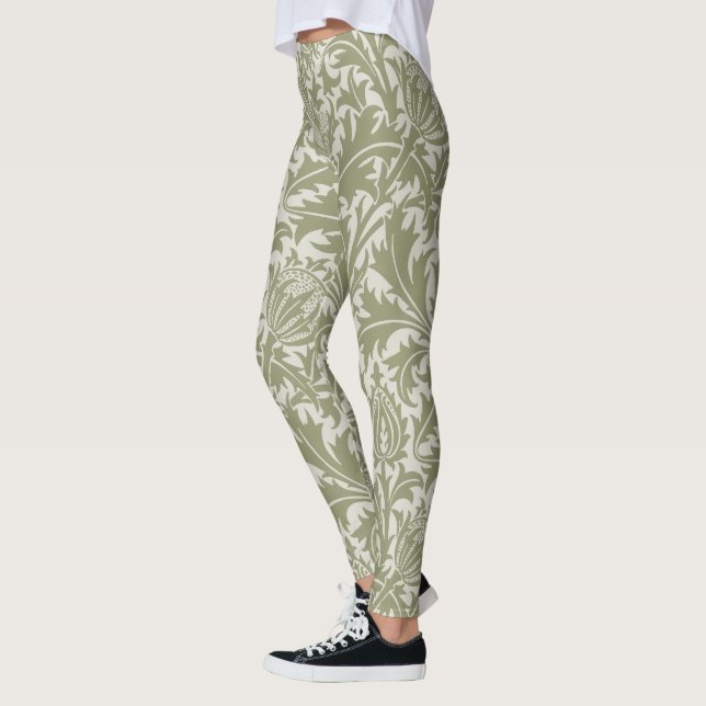 William Morris Thistle Sage Green Pattern Leggings (Left)