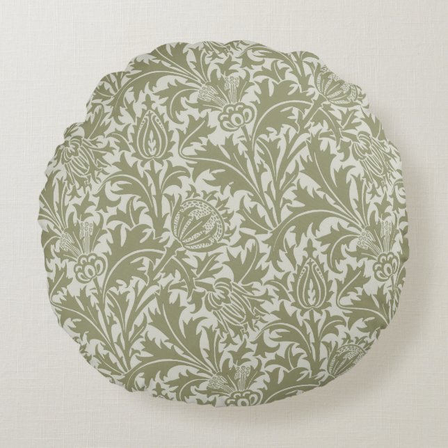 William Morris Thistle Sage Green Pattern Round Pillow (Front)