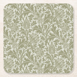 William Morris Thistle Sage Green Pattern Square Paper Coaster