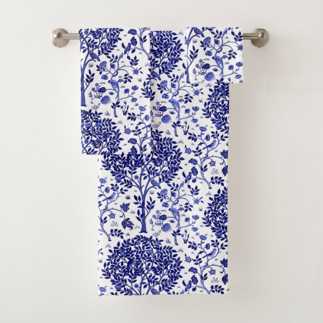 William Morris Tree of Life, Cobalt Blue and White Bath Towel Set (Insitu)