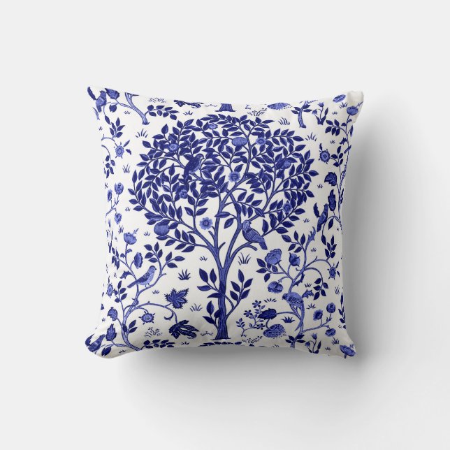 William Morris Tree of Life, Cobalt Blue and White Throw Pillow (Front)