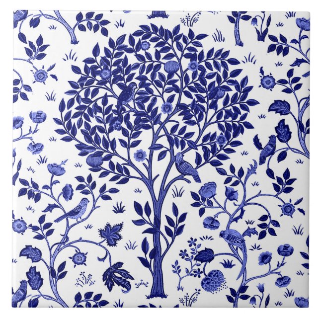 William Morris Tree of Life, Cobalt Blue and White Tile (Front)