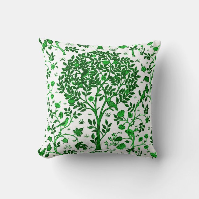 William Morris Tree of Life, Emerald Green & White Throw Pillow (Front)