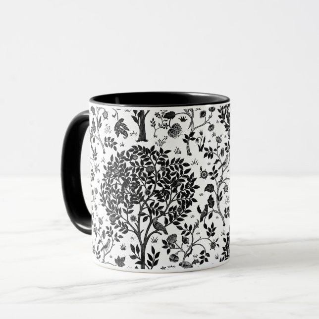 William Morris Tree of Life Pattern, Black & White Mug (Front Left)