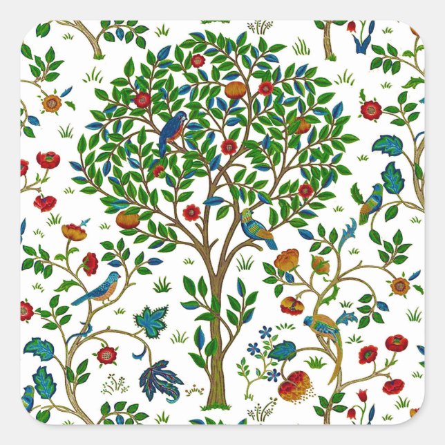 William Morris Tree of Life Pattern, Green & Multi Square Sticker (Front)