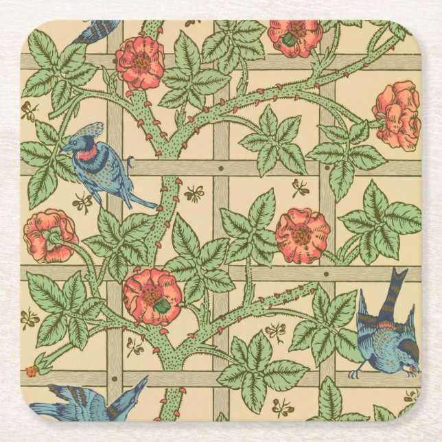William Morris Trellis Classic Wallpaper Design  Square Paper Coaster (Front)