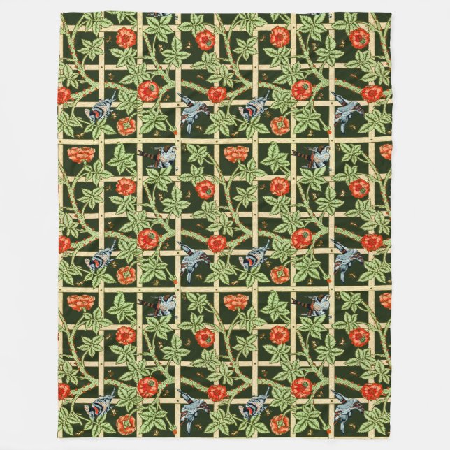 William Morris Trellis Pattern in Green Fleece Blanket (Front)