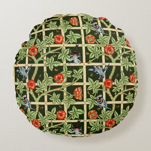 William Morris Trellis Pattern in Green Round Pillow (Front)