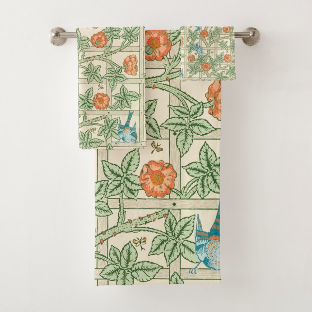 William Morris Trellis Victorian Wallpaper Bath Towel Set (Insitu)