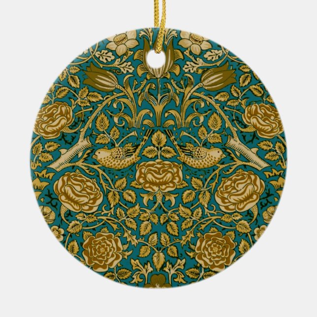 William Morris Tudor Rose Pattern Blue Golden Ceramic Ornament (Front)