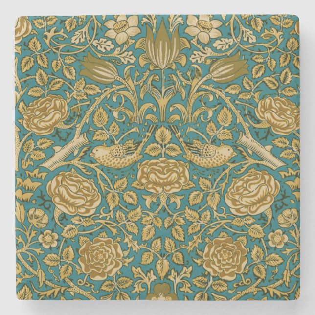 William Morris Tudor Rose Pattern Blue Golden Stone Coaster (Front)
