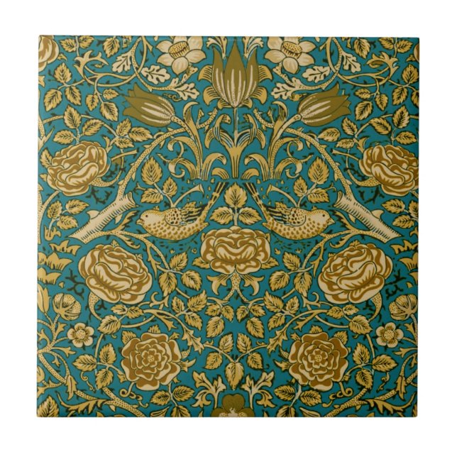 William Morris Tudor Rose Pattern Blue Golden Tile (Front)