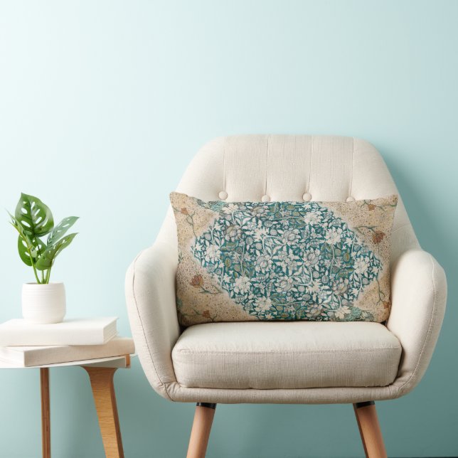 William Morris Tulip Floral Collage Teal Blue Lumbar Pillow (Chair)