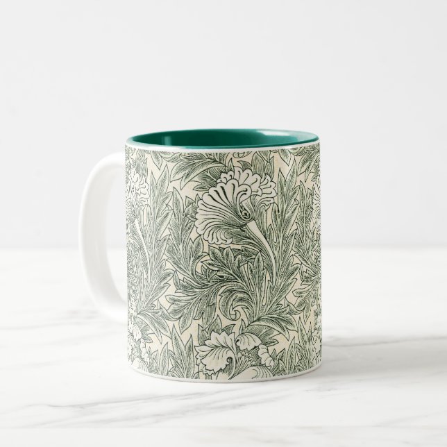 William Morris tulip wallpaper textile green Two-Tone Coffee Mug (Front Left)