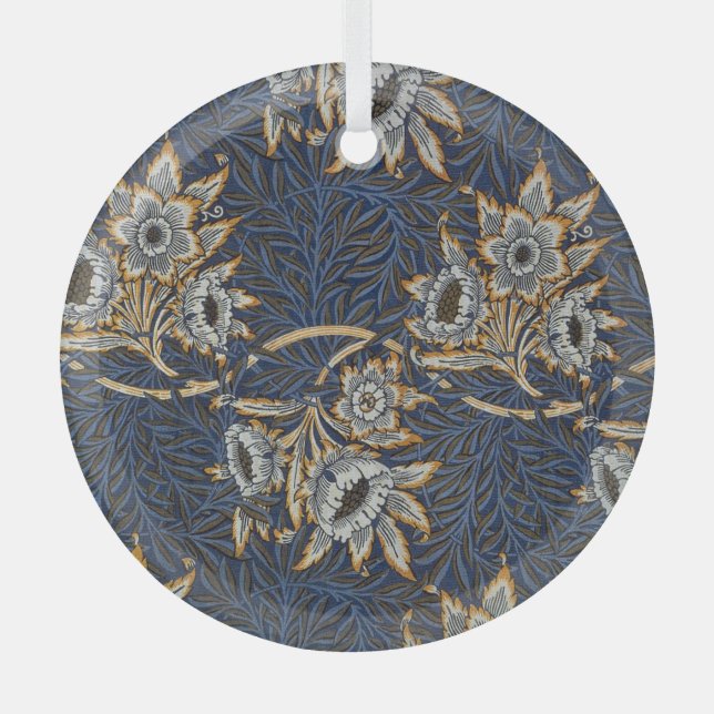 William Morris Tulip Willow Pattern Blue Floral Glass Ornament (Front)