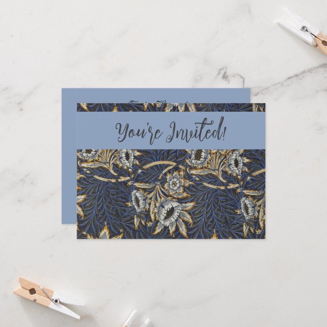 William Morris Tulip Willow Pattern Blue Floral Invitation (Front/Back In Situ)