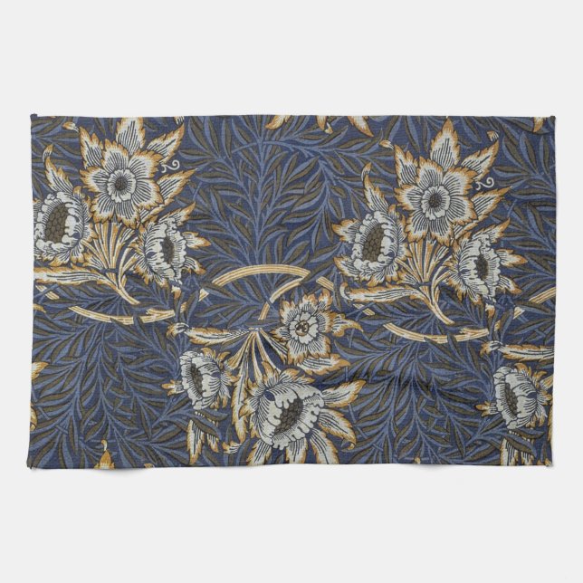 William Morris Tulip Willow Pattern Blue Floral Kitchen Towel (Horizontal)