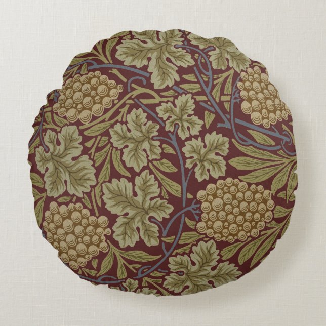 William Morris Vine Grape Red Green Art Round Pillow (Front)